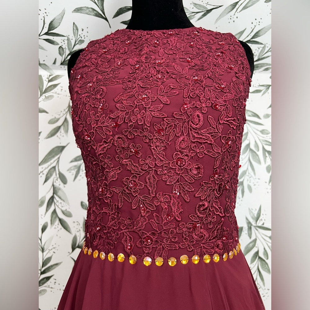 Burgundy Lace Bodice Evening Gown Flowing Chiffon Skirt Prom Cocktail Sz M NWT D - Picture 5 of 13